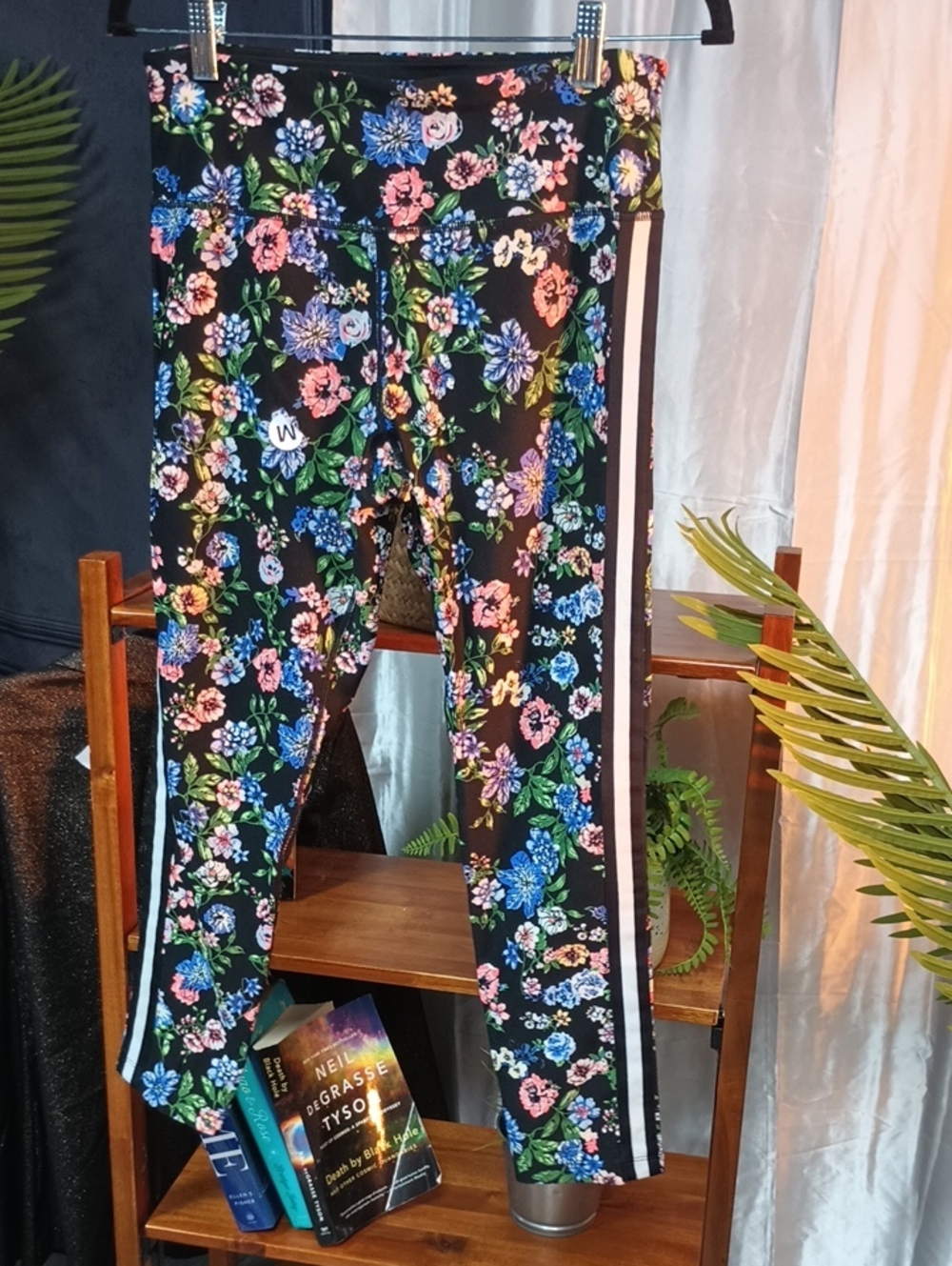 Calvin Klein Black Floral Leggings with Side Stripes